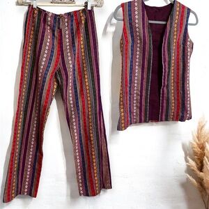 VTG Boho Set Striped Aztec Vest Cardigan & Matching Flare Pants 70s Vibe S
